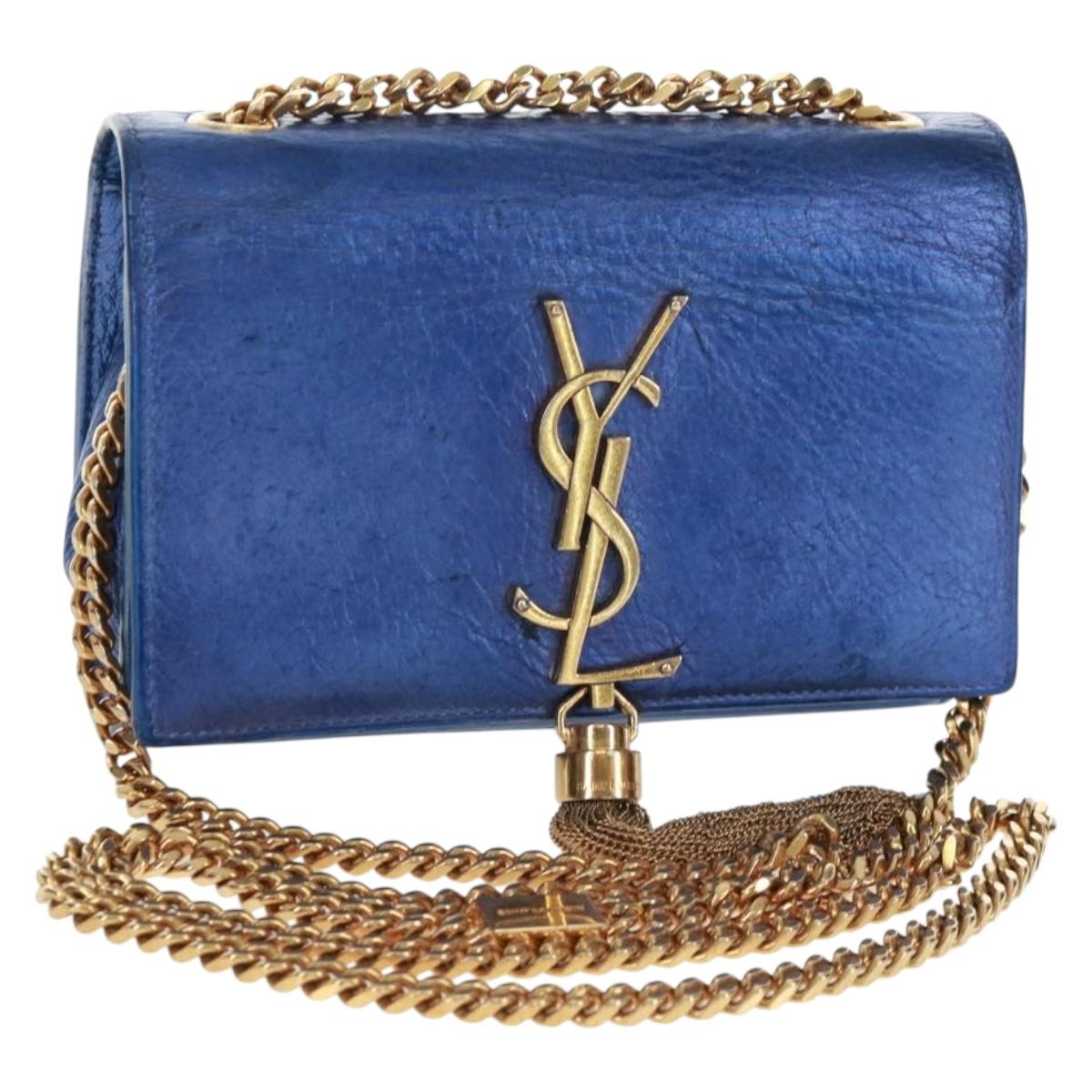 SAINT LAURENT Chain Kate Shoulder Bag Leather Blue Gold Auth 163093SAV
