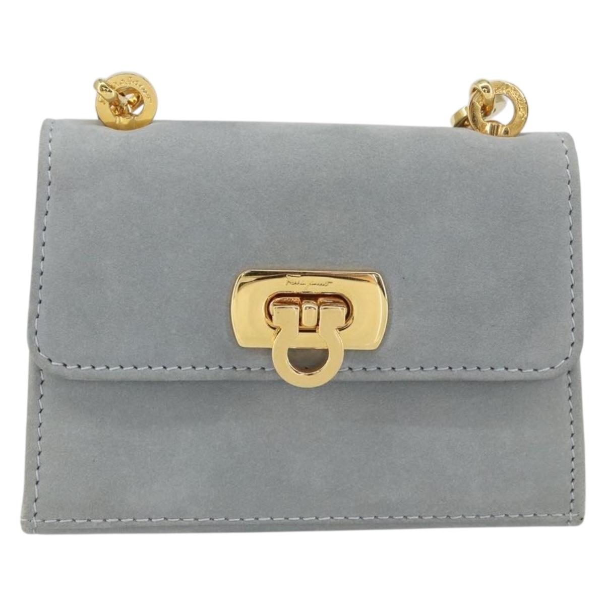 Salvatore Ferragamo Gancini Chain Shoulder Pouch Suede Gray Gold Auth 163100V