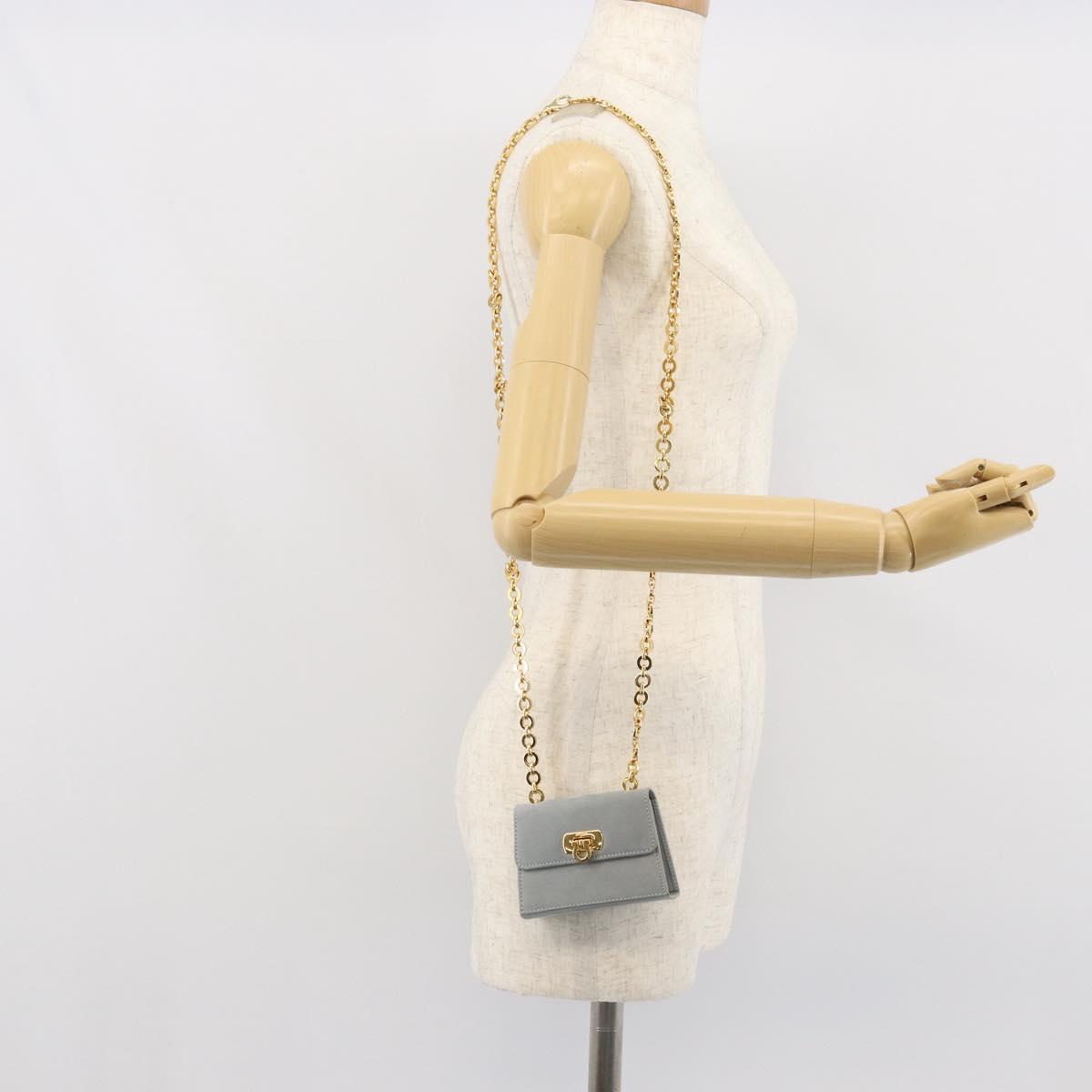 Salvatore Ferragamo Gancini Chain Shoulder Pouch Suede Gray Gold Auth 163100V