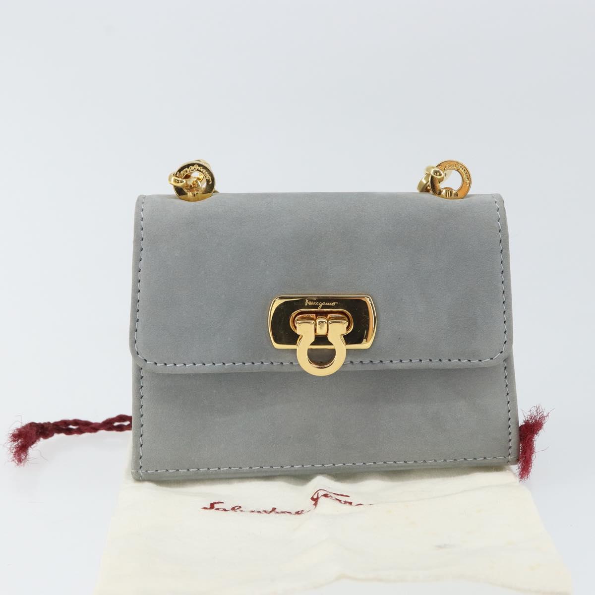 Salvatore Ferragamo Gancini Chain Shoulder Pouch Suede Gray Gold Auth 163100V