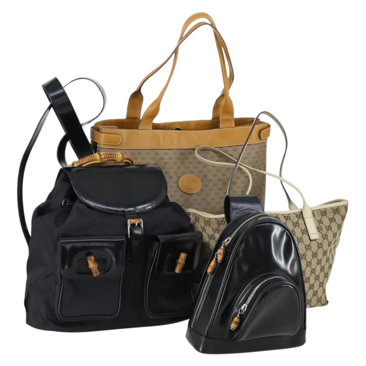 GUCCI GG Canvas GG Micro Supreme Bamboo Bag Leather PVC 4 Set Black Auth 163118