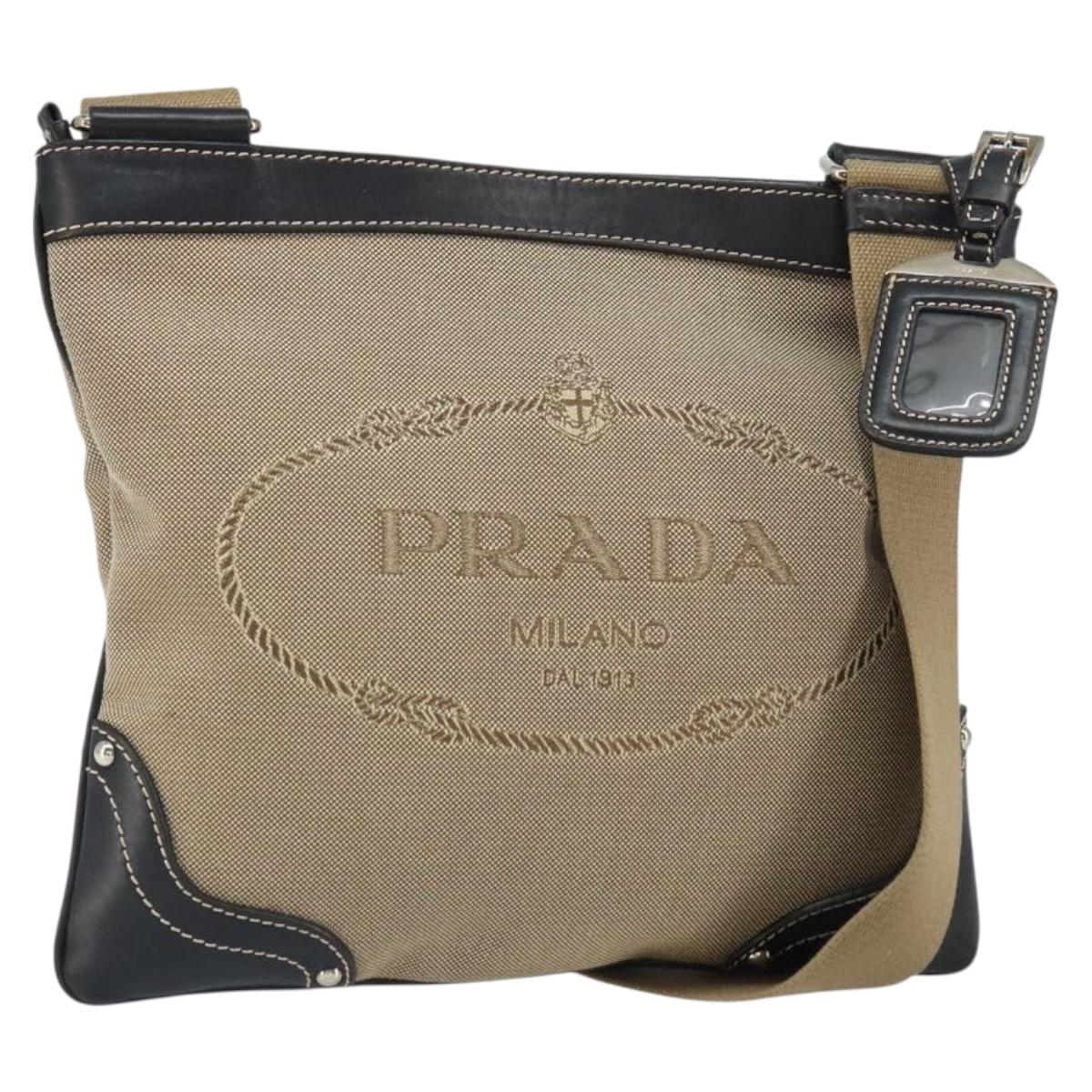 PRADA Shoulder Bag Canvas Beige Gold Auth 163147