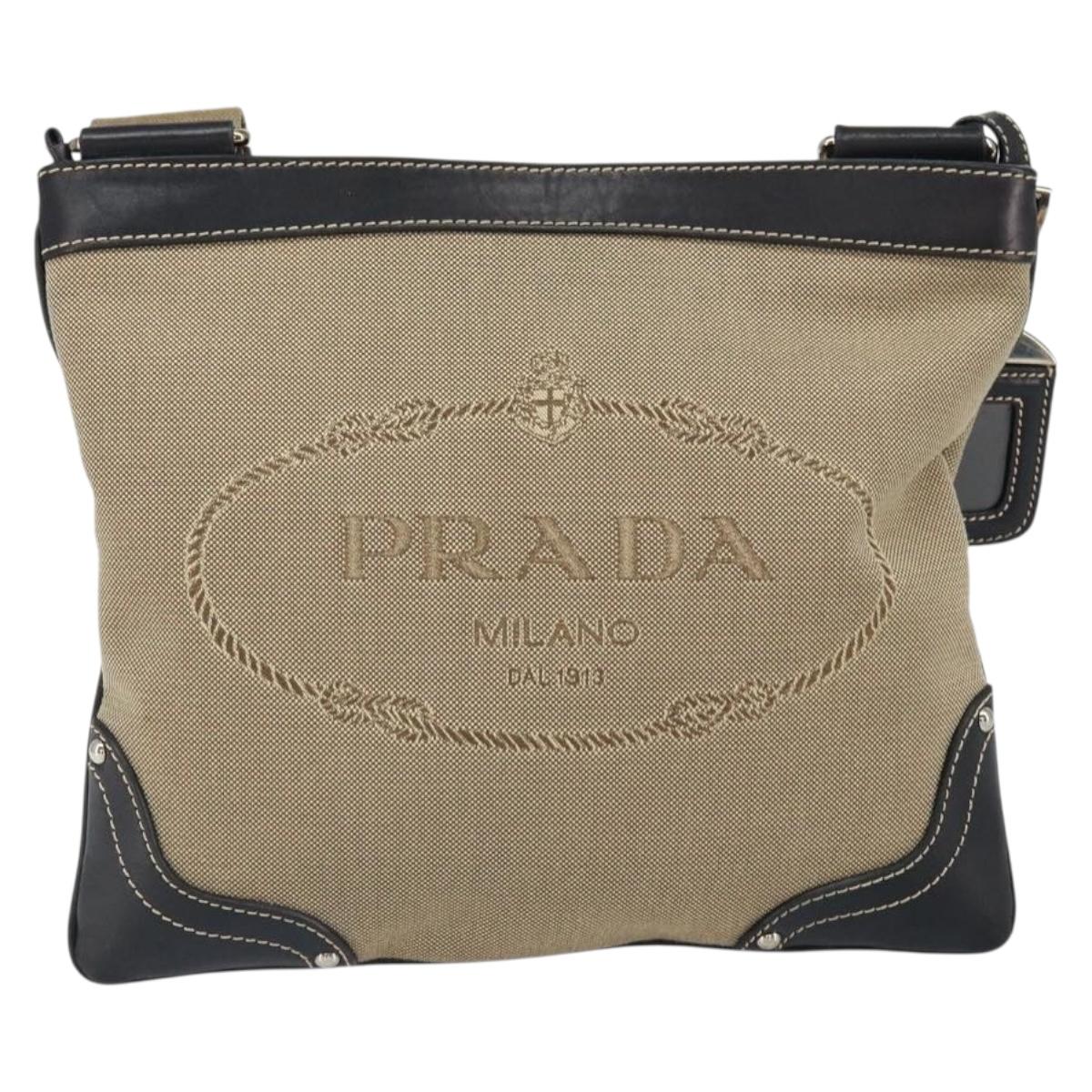 PRADA Shoulder Bag Canvas Beige Gold Auth 163147