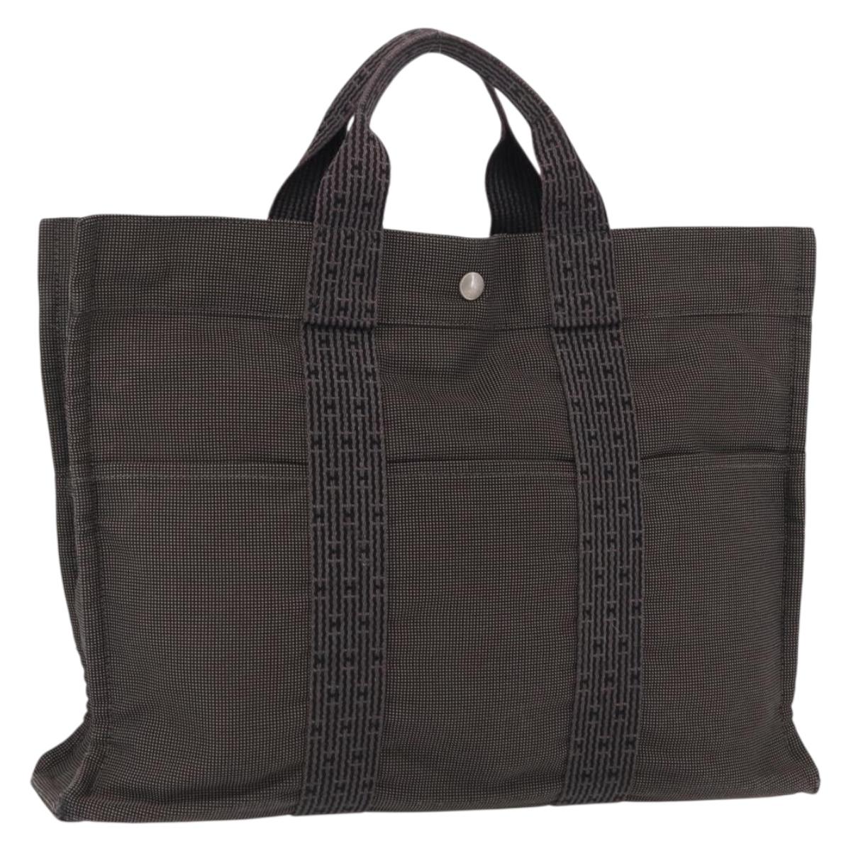 HERMES Her Line MM Hand Bag Canvas Gray Silver Auth 163158