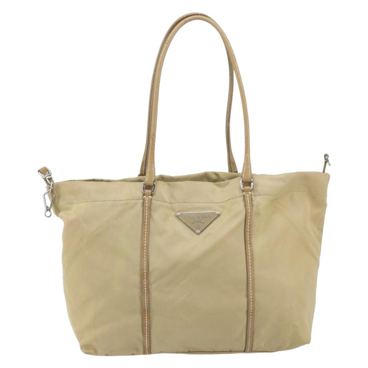 PRADA Tote Bag Nylon Beige Silver Auth 163162