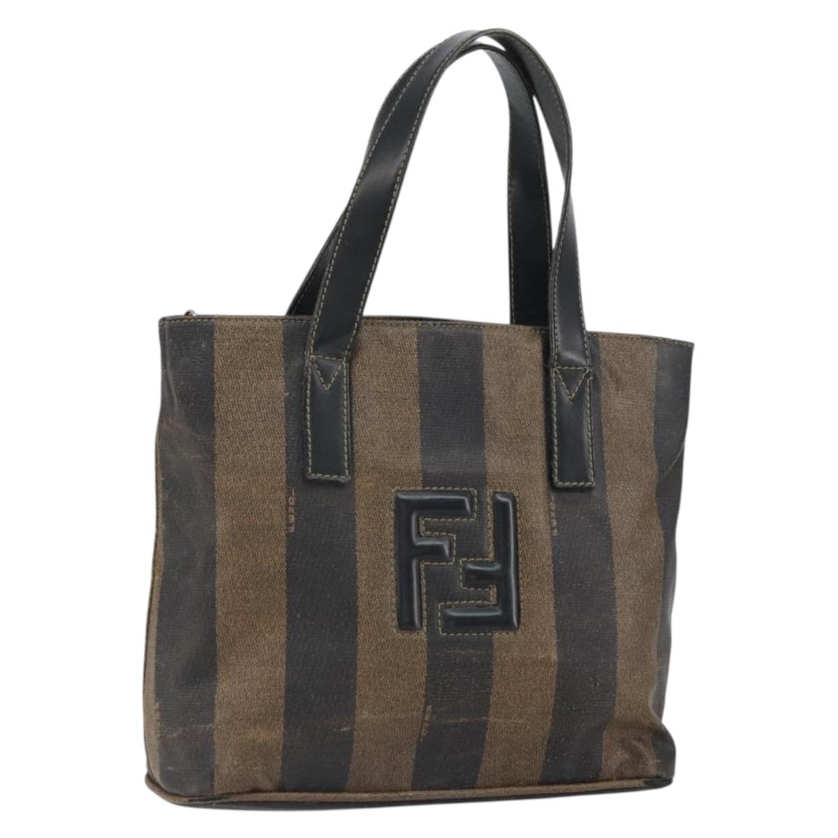 FENDI Pecan Canvas Hand Bag PVC 2way Black Brown gold Auth 163184