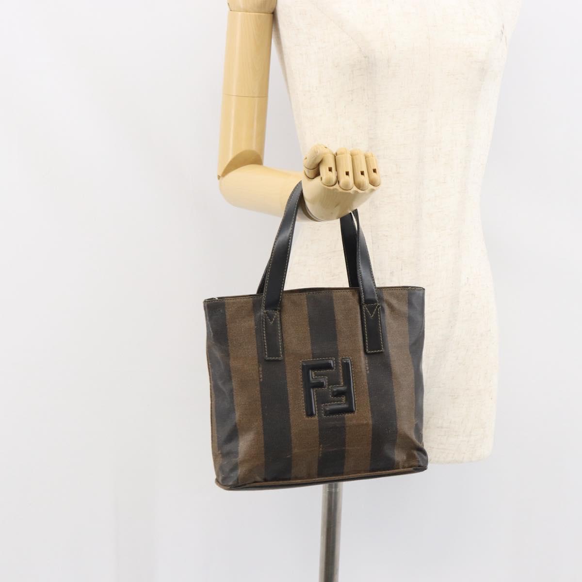 FENDI Pecan Canvas Hand Bag PVC 2way Black Brown gold Auth 163184