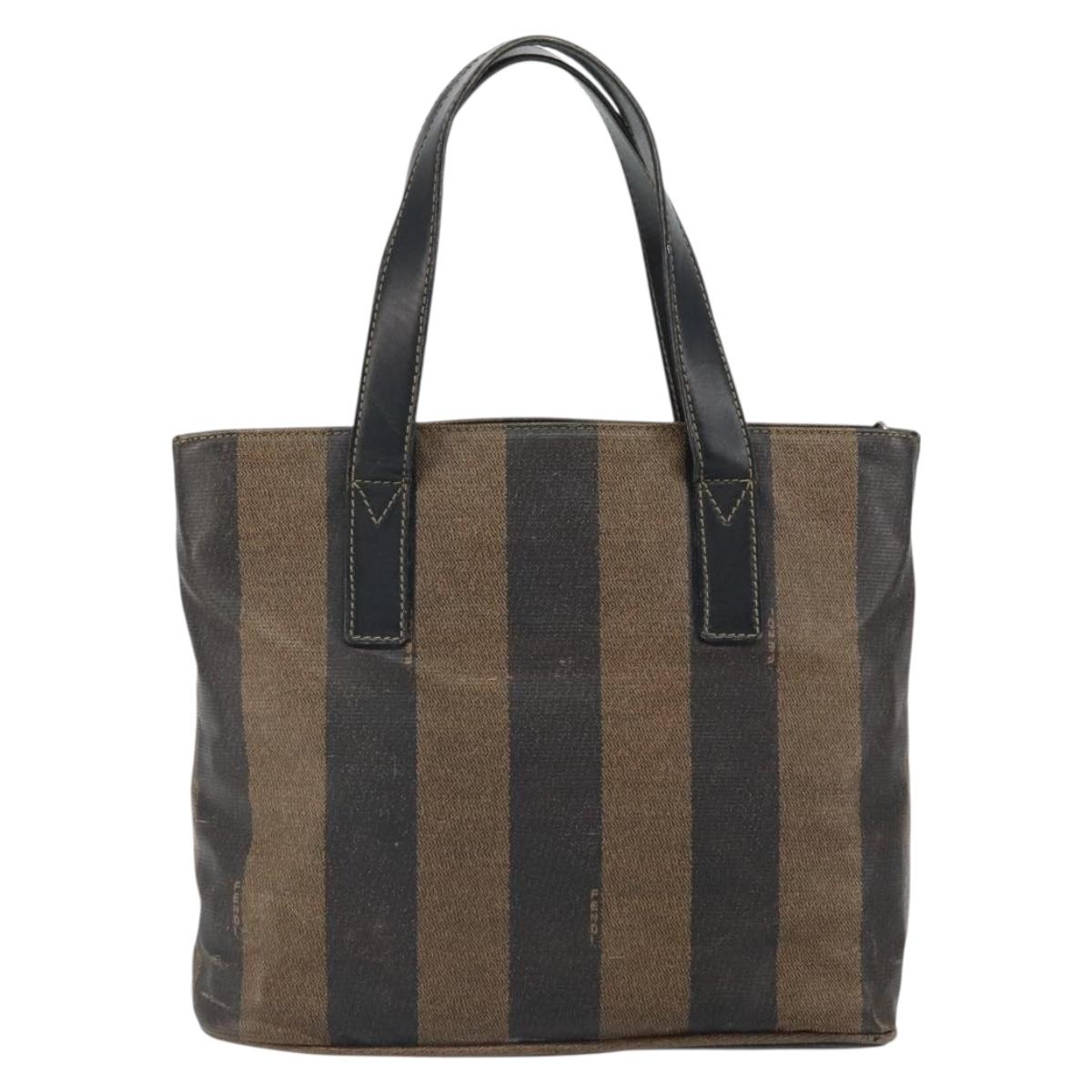FENDI Pecan Canvas Hand Bag PVC 2way Black Brown gold Auth 163184