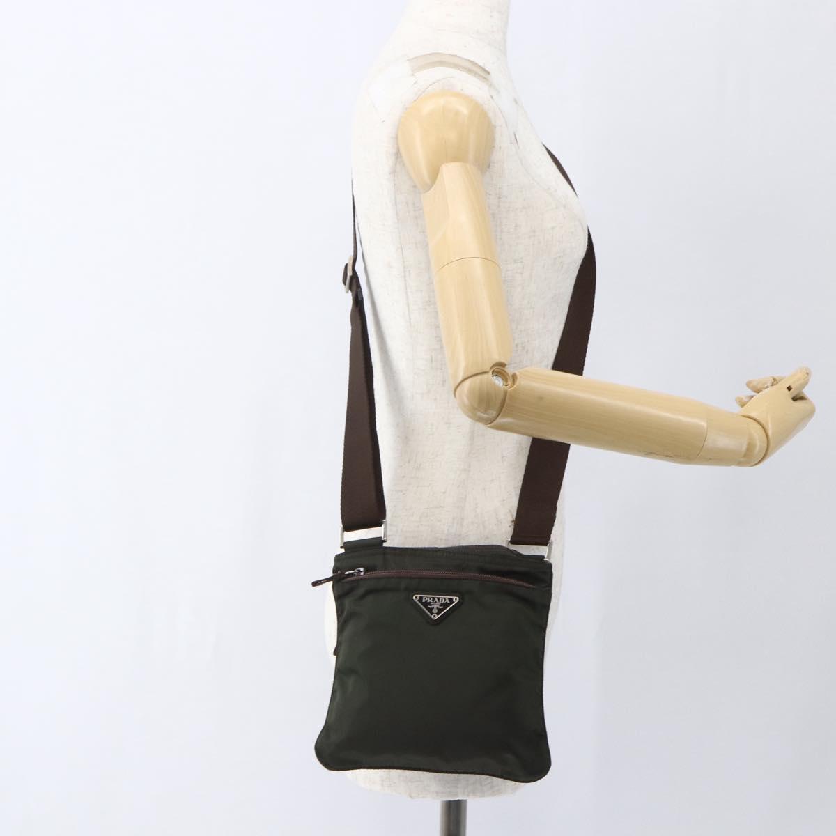 PRADA Shoulder Bag Nylon Khaki Silver Auth 163187