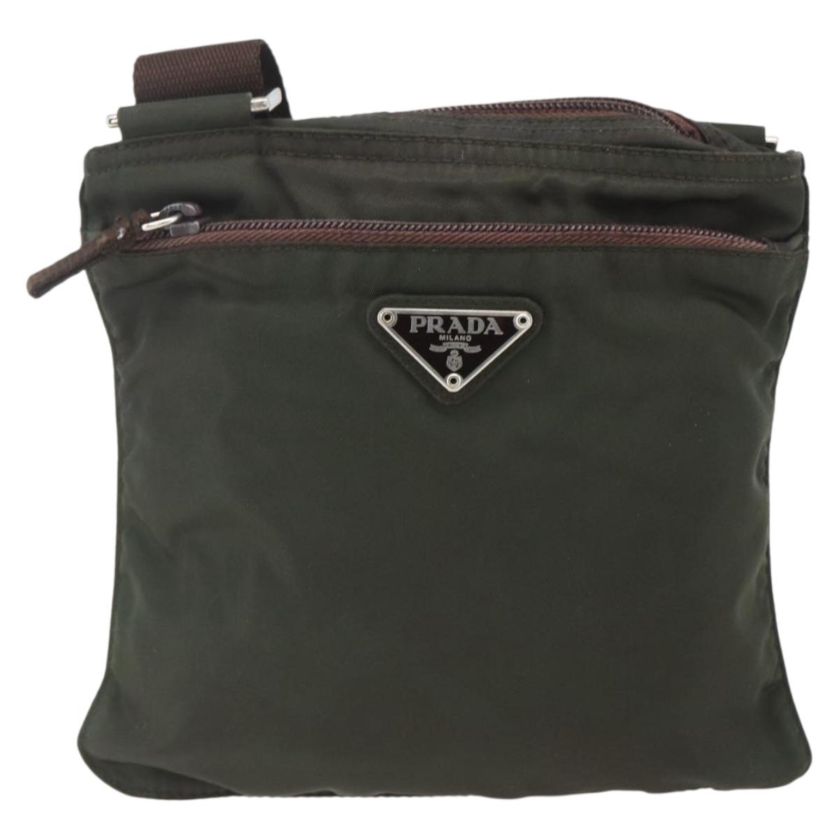 PRADA Shoulder Bag Nylon Khaki Silver Auth 163187