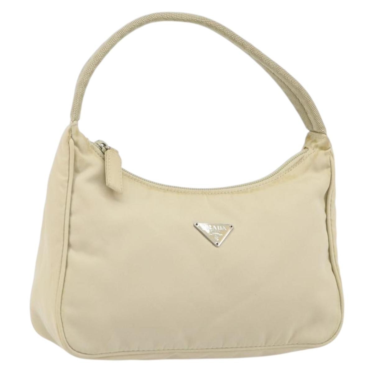 PRADA Hand Bag Nylon Ivory Silver Auth 163192