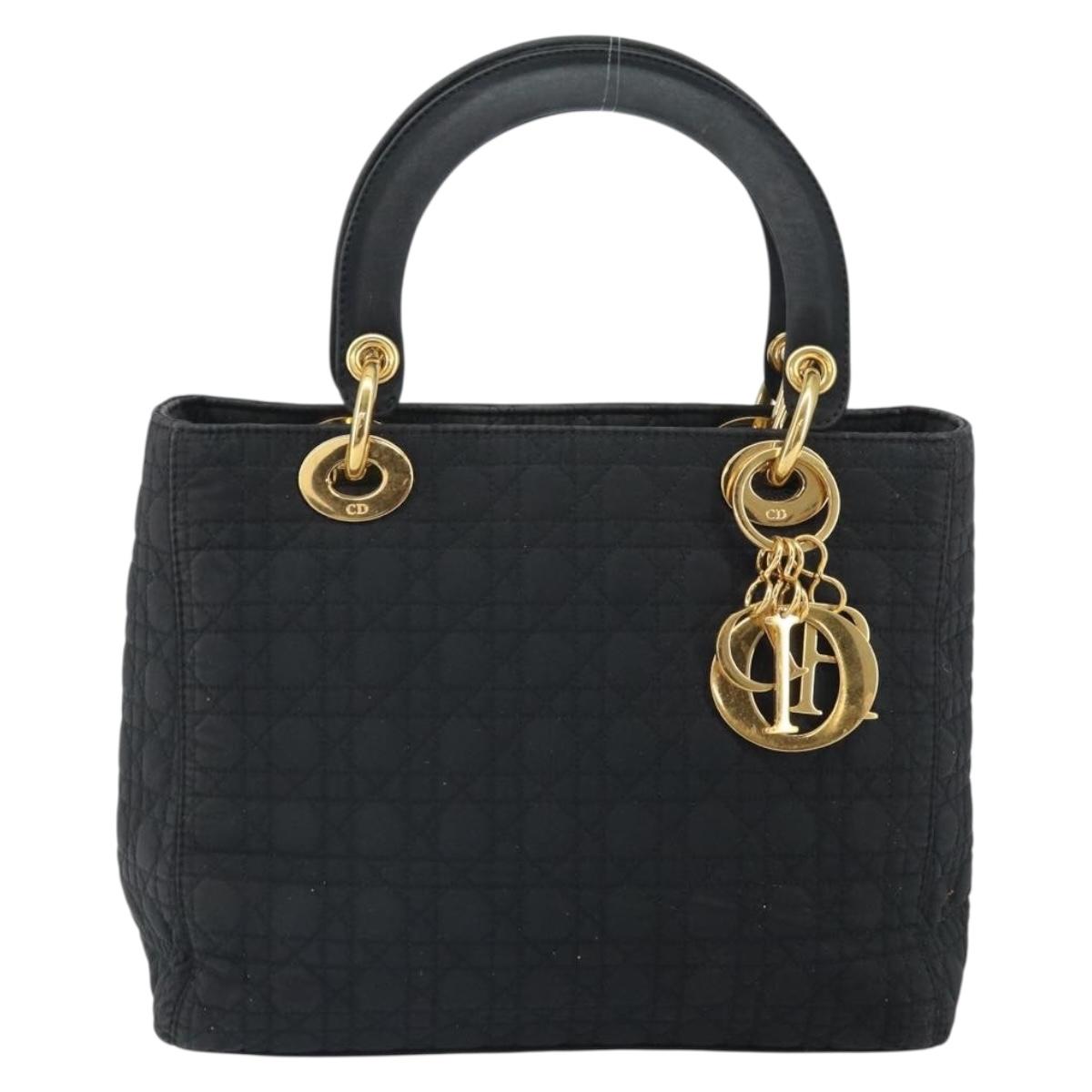 Christian Dior Lady Dior Canage Hand Bag Nylon Black Gold Auth 163252