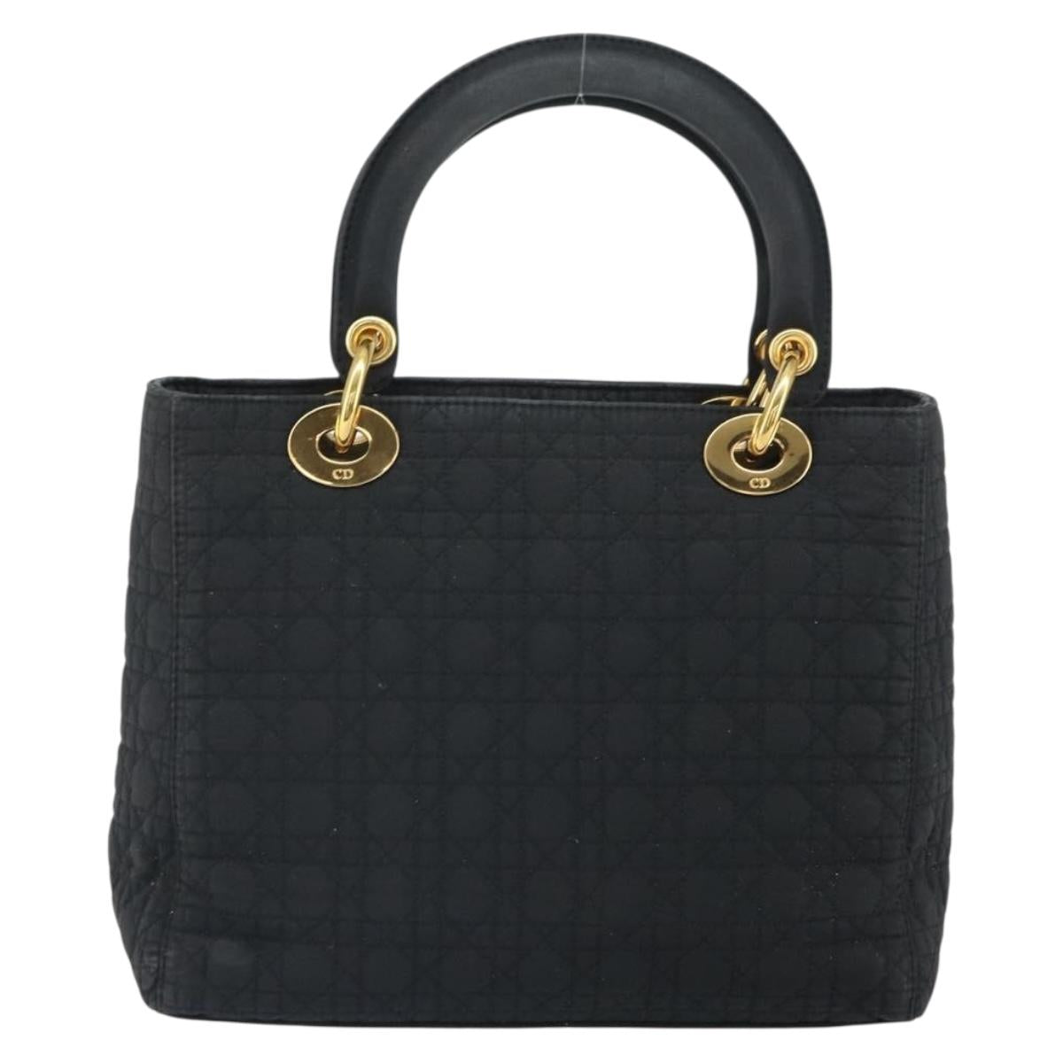 Christian Dior Lady Dior Canage Hand Bag Nylon Black Gold Auth 163252