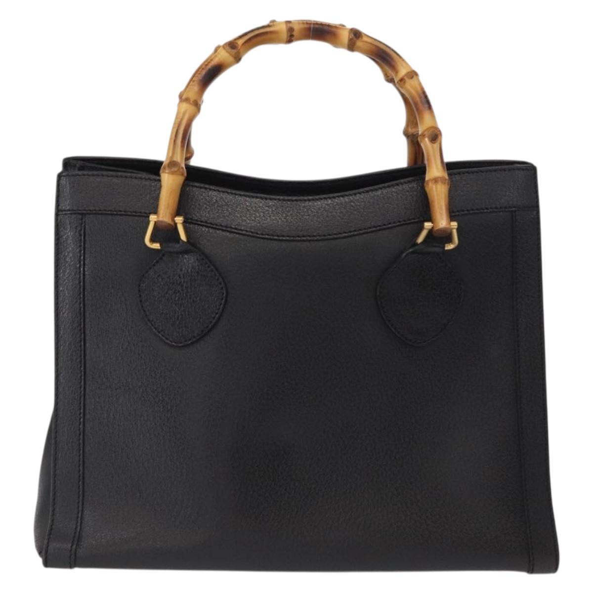 GUCCI Bamboo Hand Bag Leather Black Gold 02 1059 260 Auth 163270