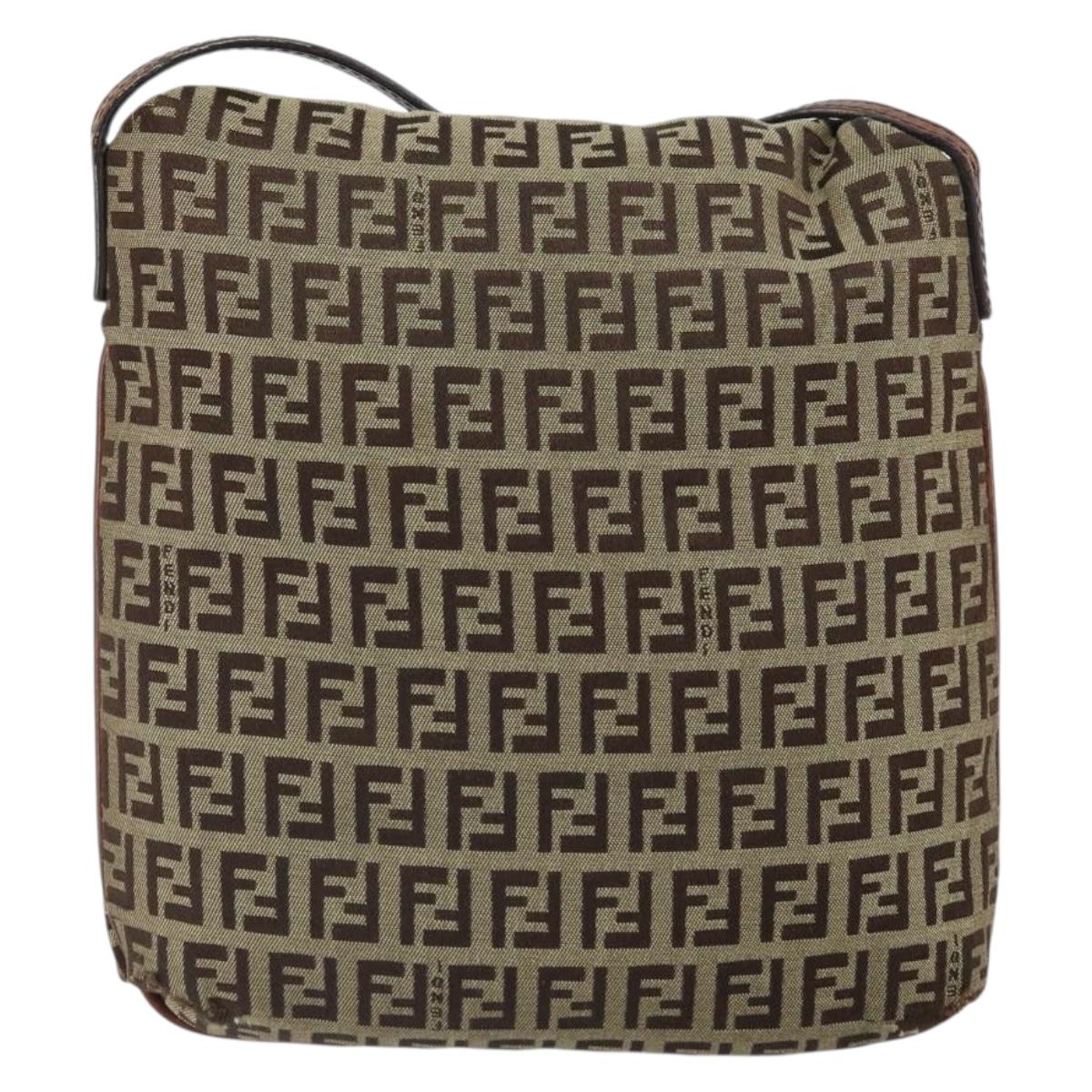 FENDI Zucchino Canvas Mamma Baguette Shoulder Bag Beige Gold Auth 163271