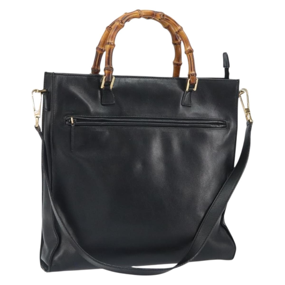 GUCCI Bamboo Hand Bag Leather 2way Black Gold 001 095 1878 Auth 163274