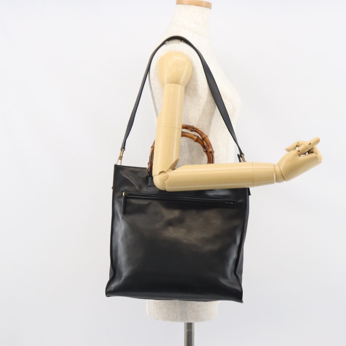 GUCCI Bamboo Hand Bag Leather 2way Black Gold 001 095 1878 Auth 163274