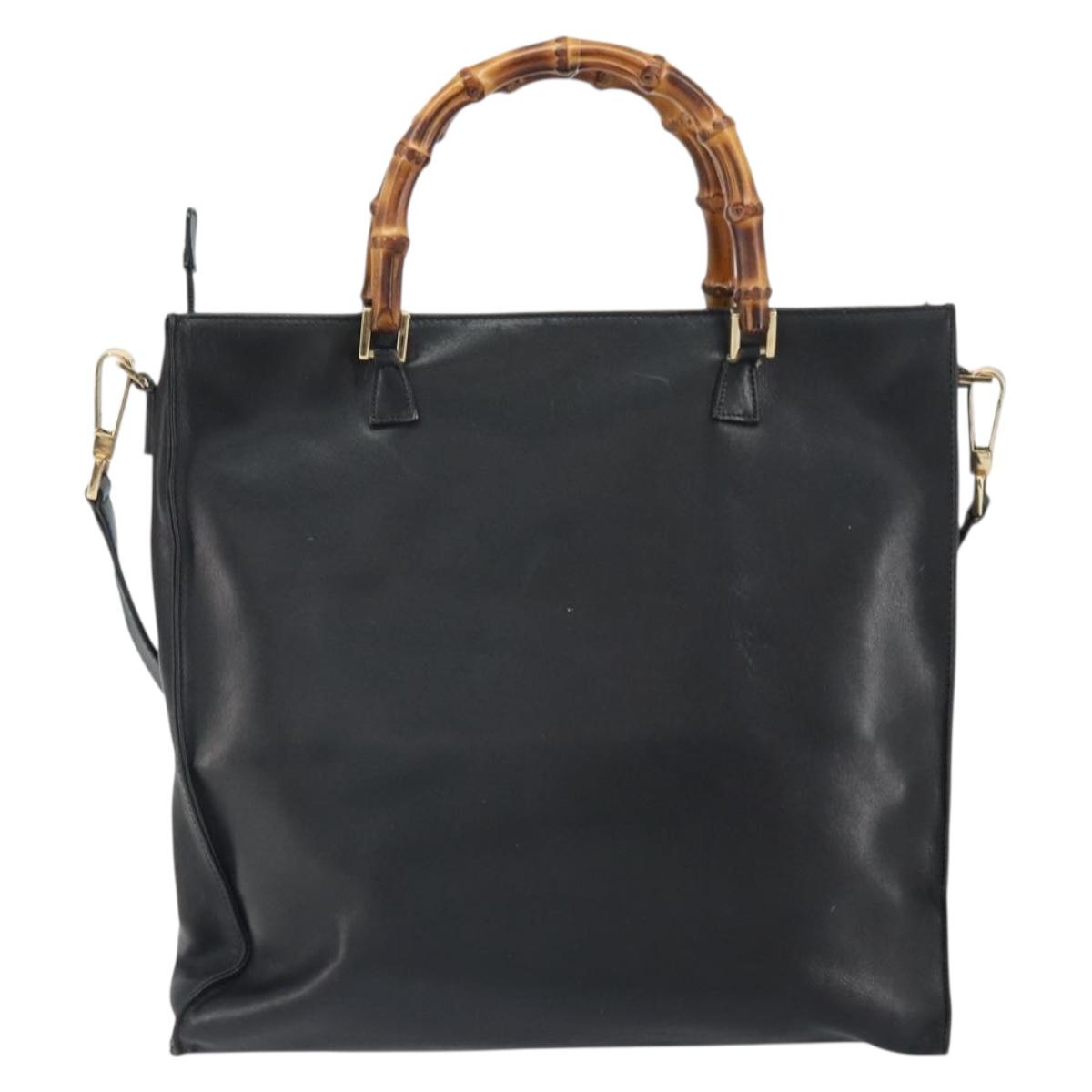 GUCCI Bamboo Hand Bag Leather 2way Black Gold 001 095 1878 Auth 163274