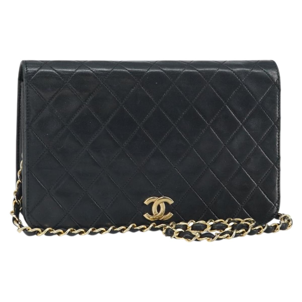 CHANEL Matelasse Chain Shoulder Bag Lamb Skin Black Gold CC Auth 163277