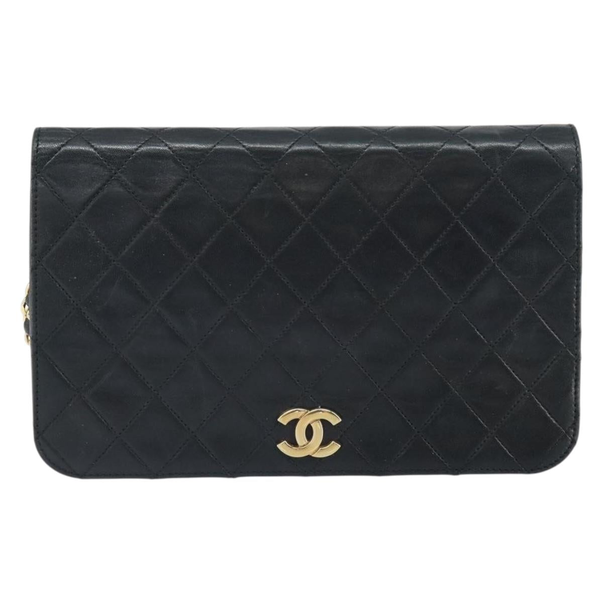 CHANEL Matelasse Chain Shoulder Bag Lamb Skin Black Gold CC Auth 163277