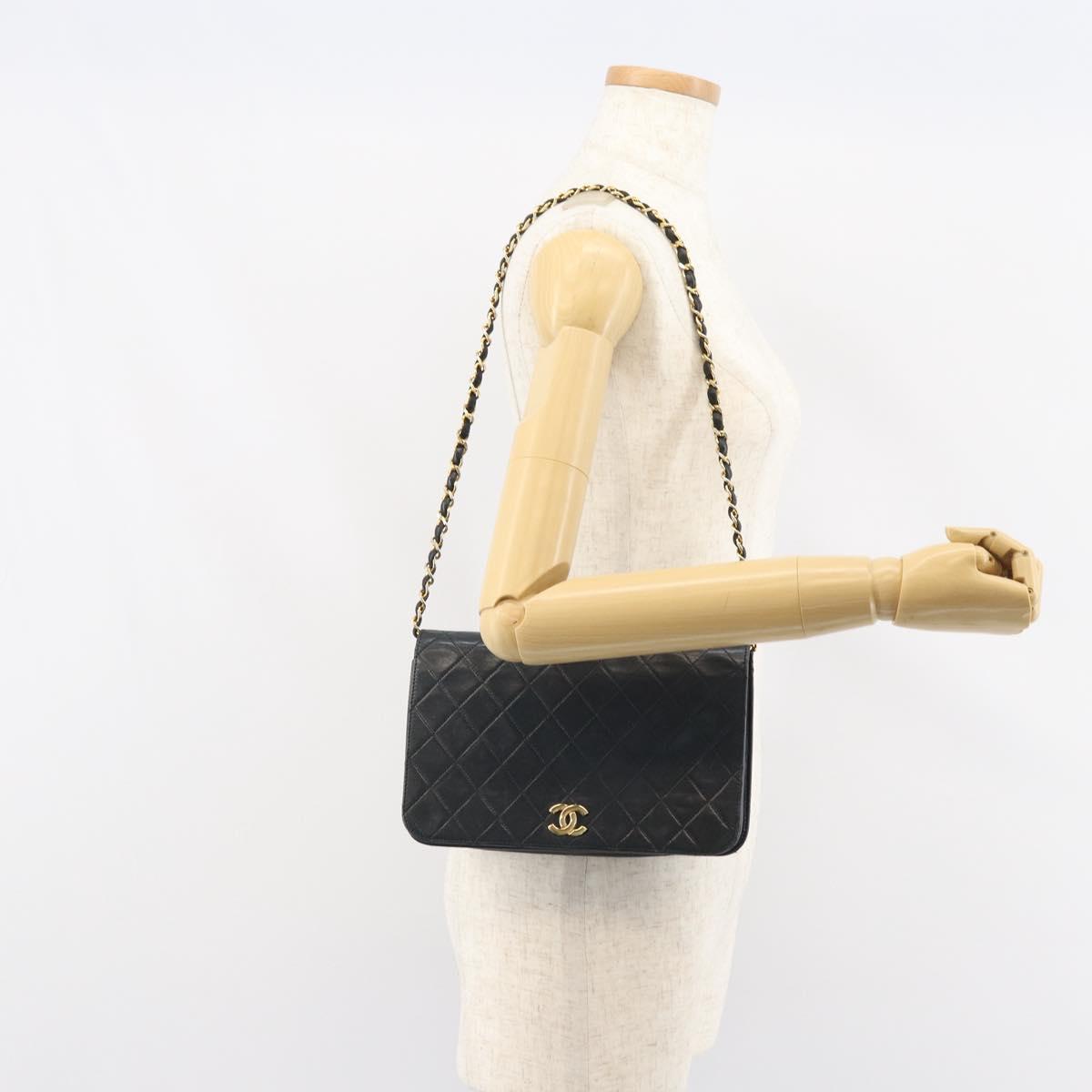 CHANEL Matelasse Chain Shoulder Bag Lamb Skin Black Gold CC Auth 163277
