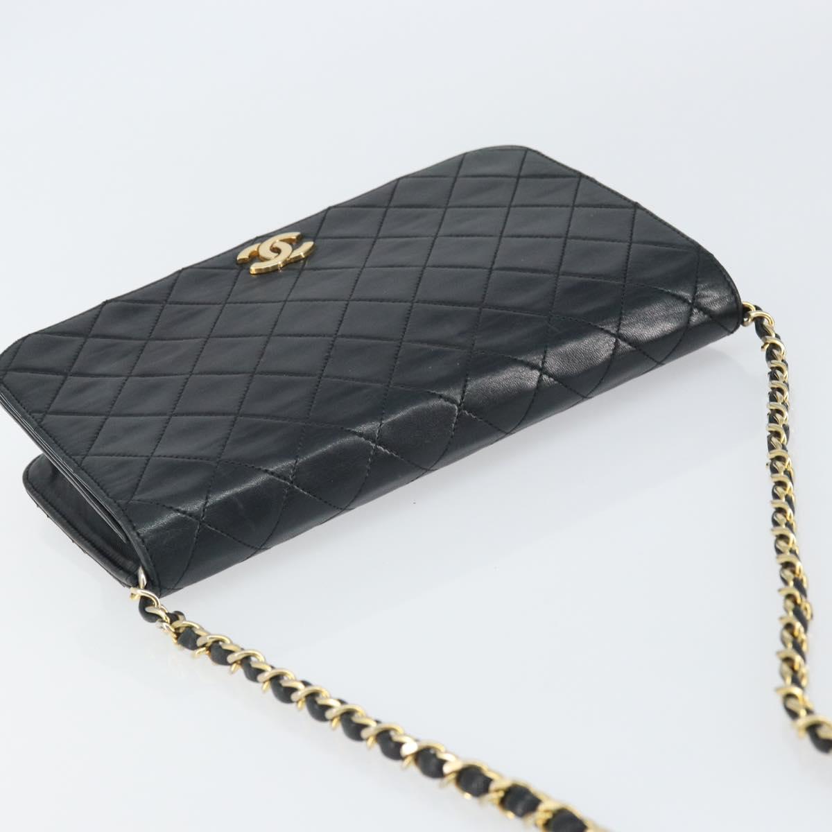 CHANEL Matelasse Chain Shoulder Bag Lamb Skin Black Gold CC Auth 163277
