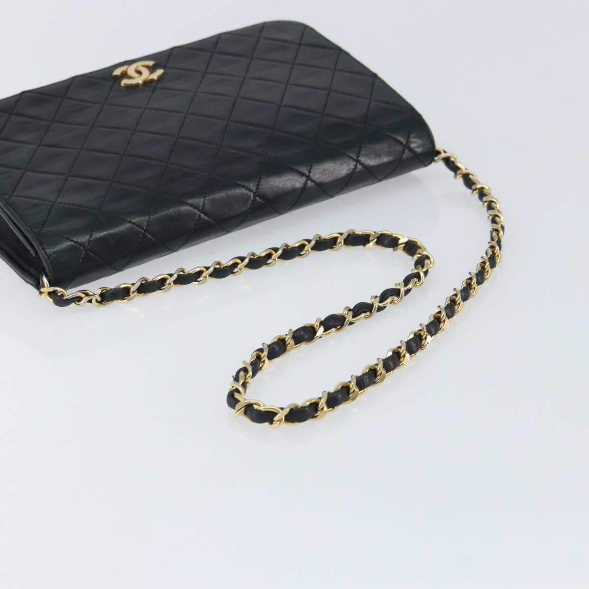 CHANEL Matelasse Chain Shoulder Bag Lamb Skin Black Gold CC Auth 163277