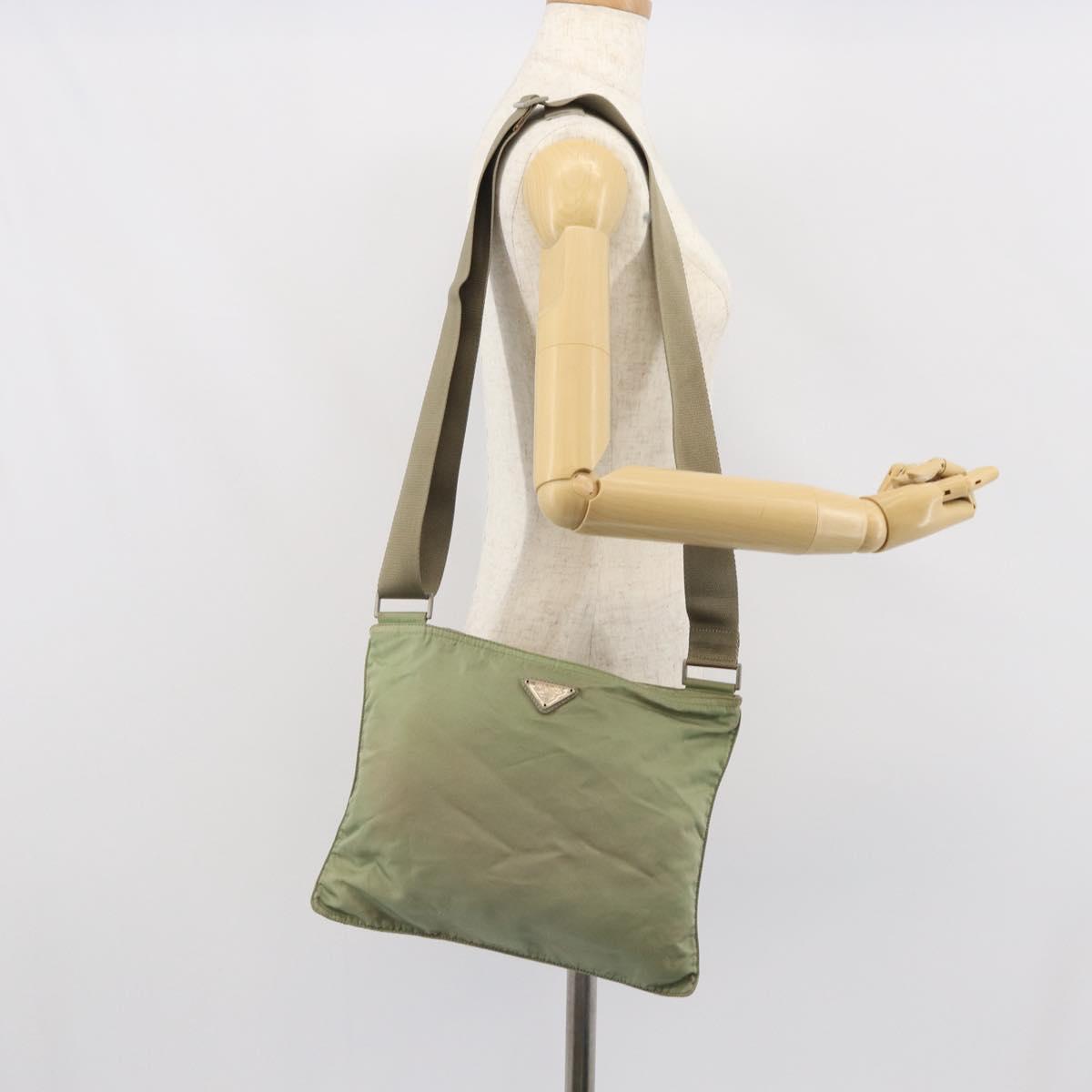 PRADA Shoulder Bag Nylon Green Gold Auth 163281