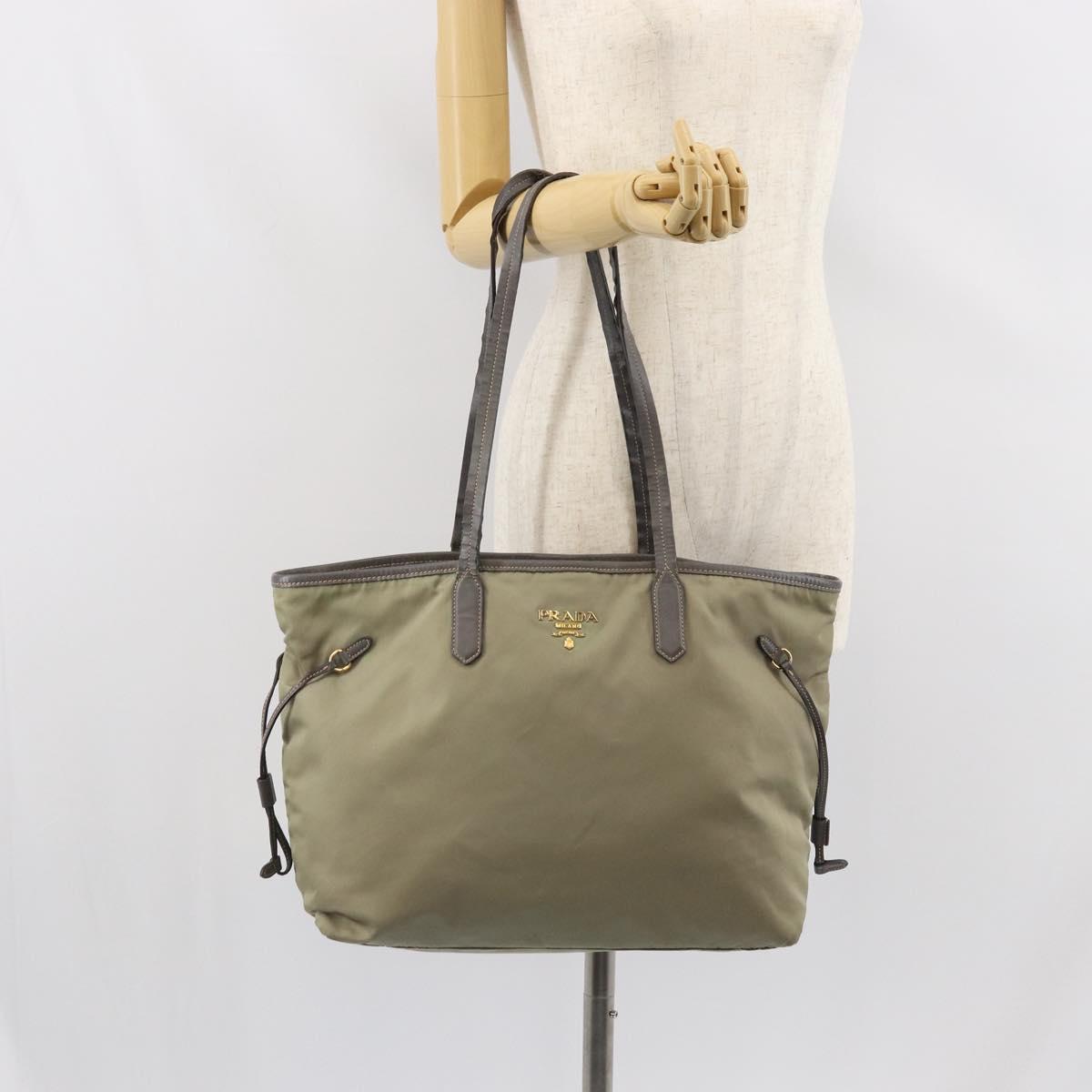 PRADA Tote Bag Nylon Beige Gold Auth 163284