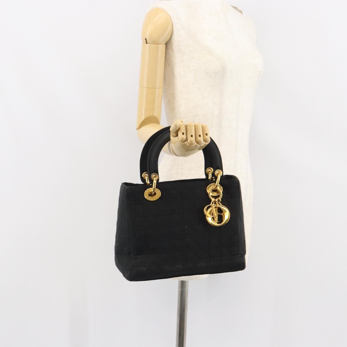 Christian Dior Lady Dior Canage Hand Bag Nylon Black Gold Auth 163297