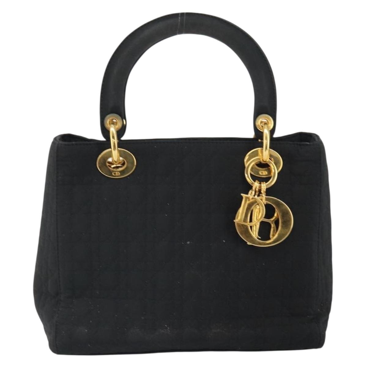 Christian Dior Lady Dior Canage Hand Bag Nylon Black Gold Auth 163297