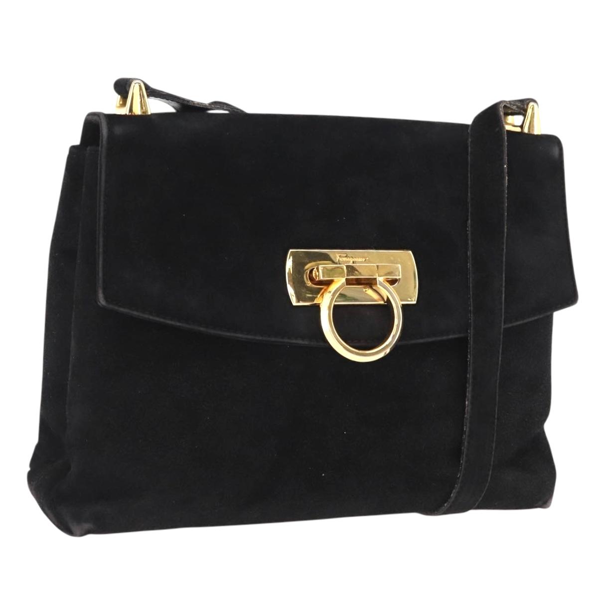 Salvatore Ferragamo Gancini Shoulder Bag Suede Black Gold Auth 163316