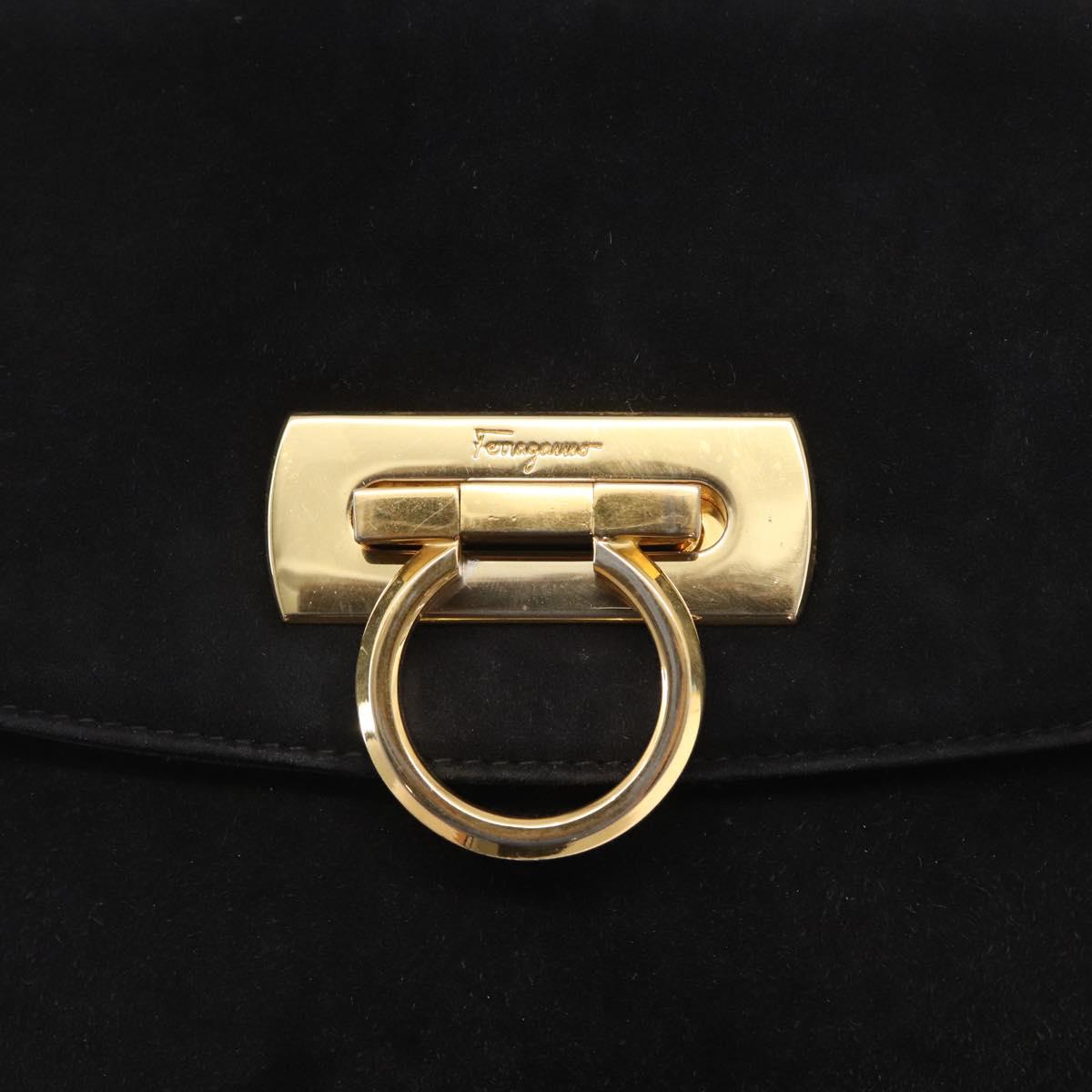 Salvatore Ferragamo Gancini Shoulder Bag Suede Black Gold Auth 163316