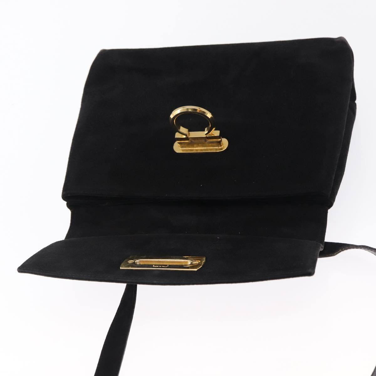 Salvatore Ferragamo Gancini Shoulder Bag Suede Black Gold Auth 163316