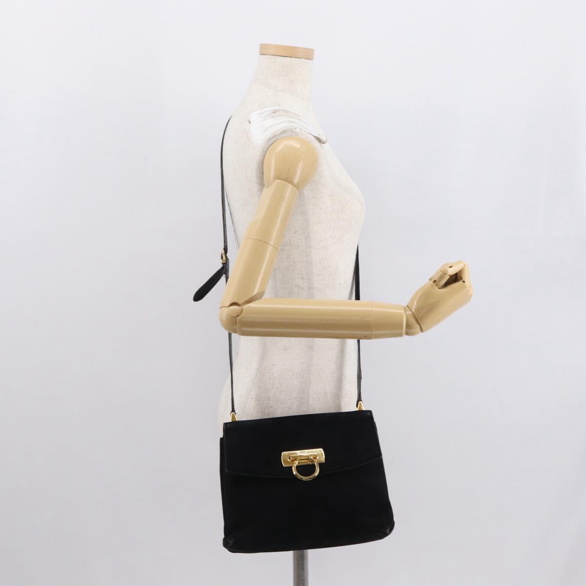 Salvatore Ferragamo Gancini Shoulder Bag Suede Black Gold Auth 163316