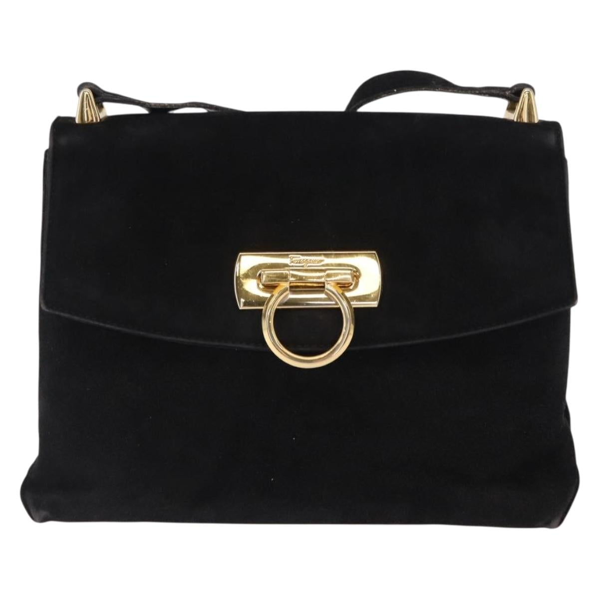 Salvatore Ferragamo Gancini Shoulder Bag Suede Black Gold Auth 163316