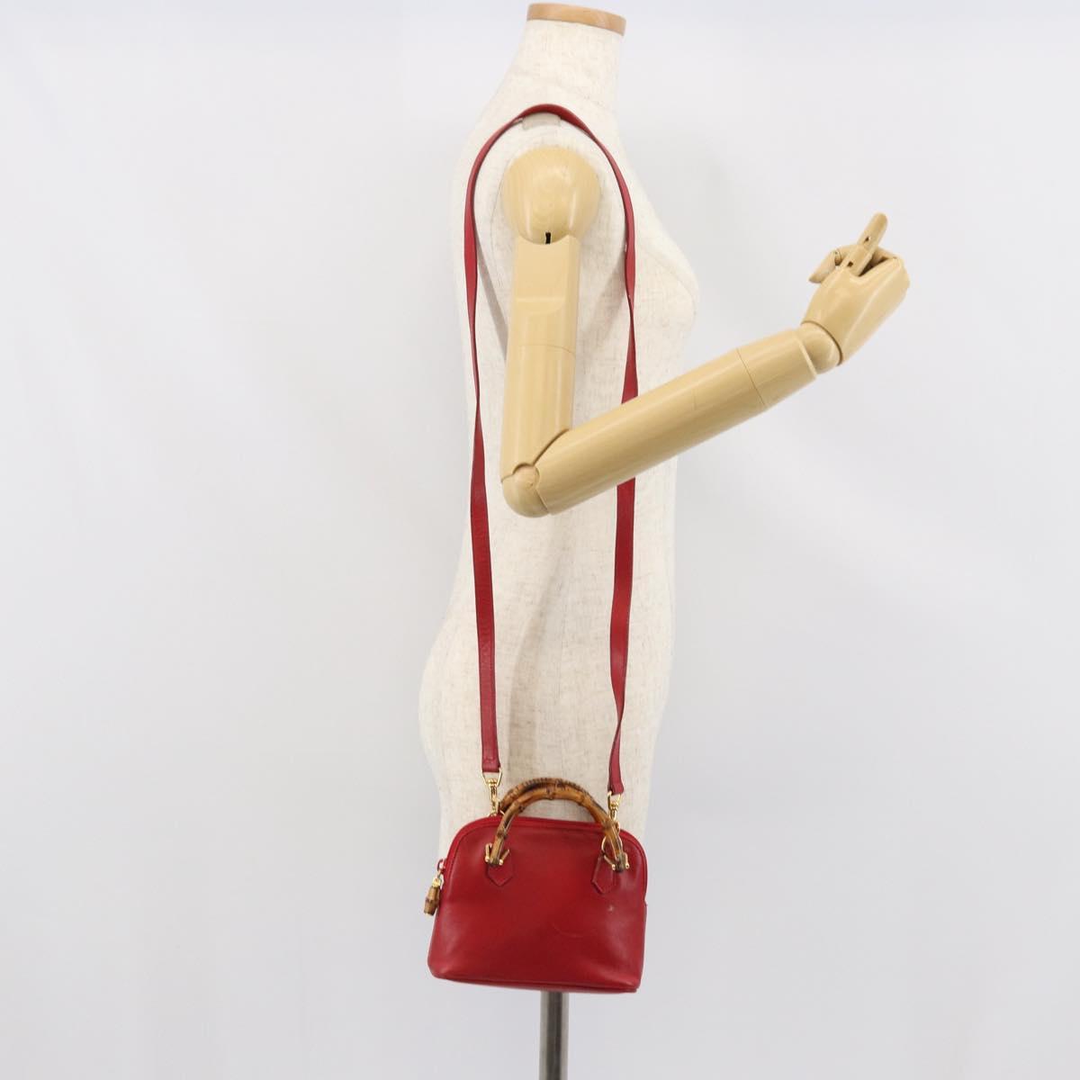 GUCCI Bamboo Hand Bag Leather 2way Red Gold 007 1014 0231 0 Auth 163343