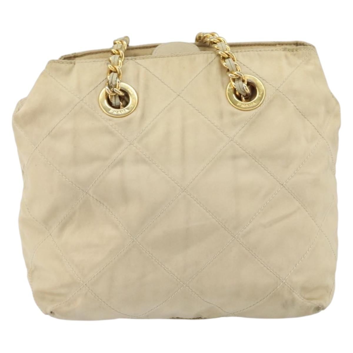 PRADA Chain Shoulder Bag Nylon Beige Gold Auth 163384