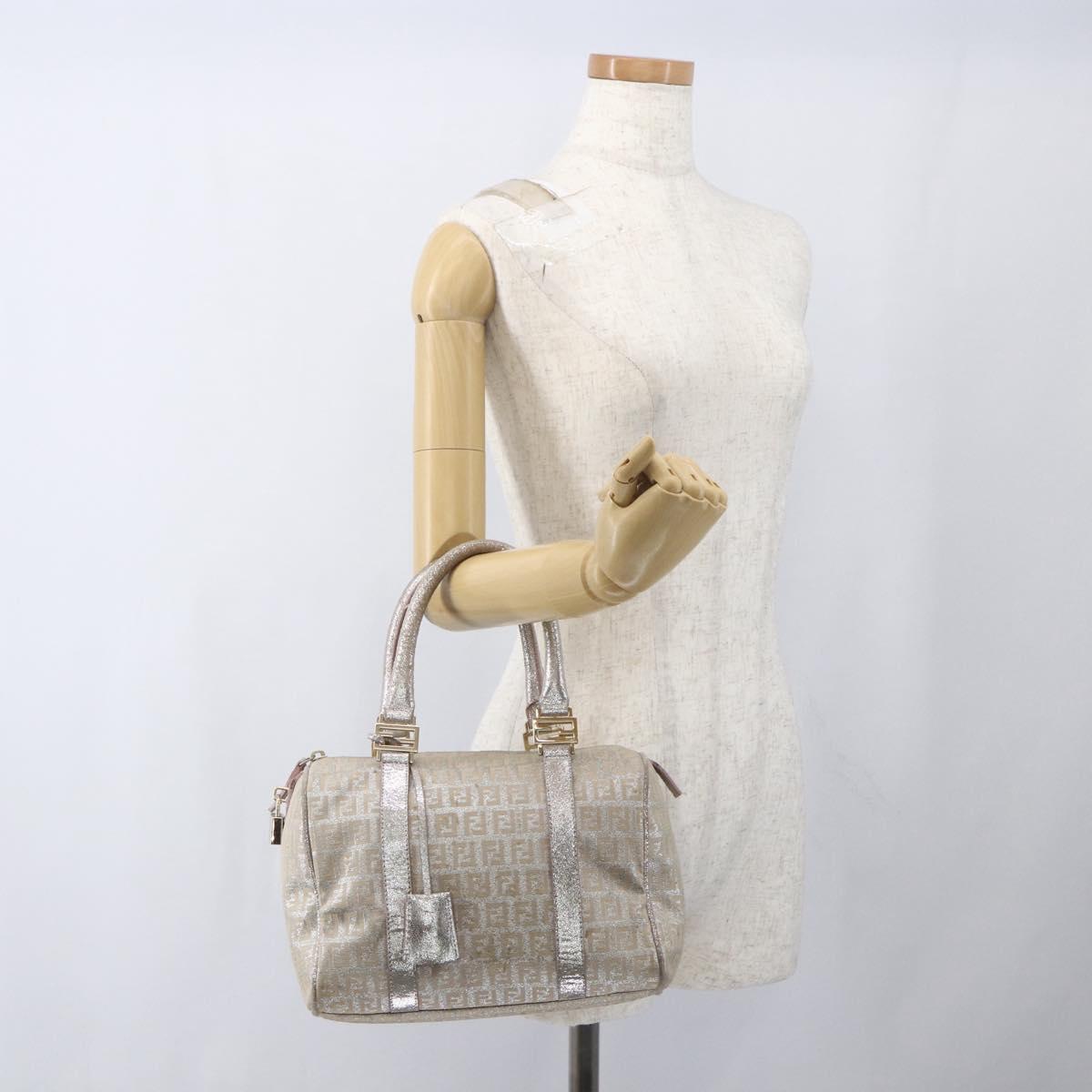 FENDI Zucchino Canvas Boston Bag Silver Auth 163401