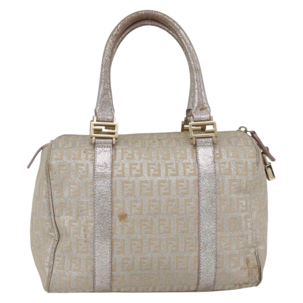 FENDI Zucchino Canvas Boston Bag Silver Auth 163401