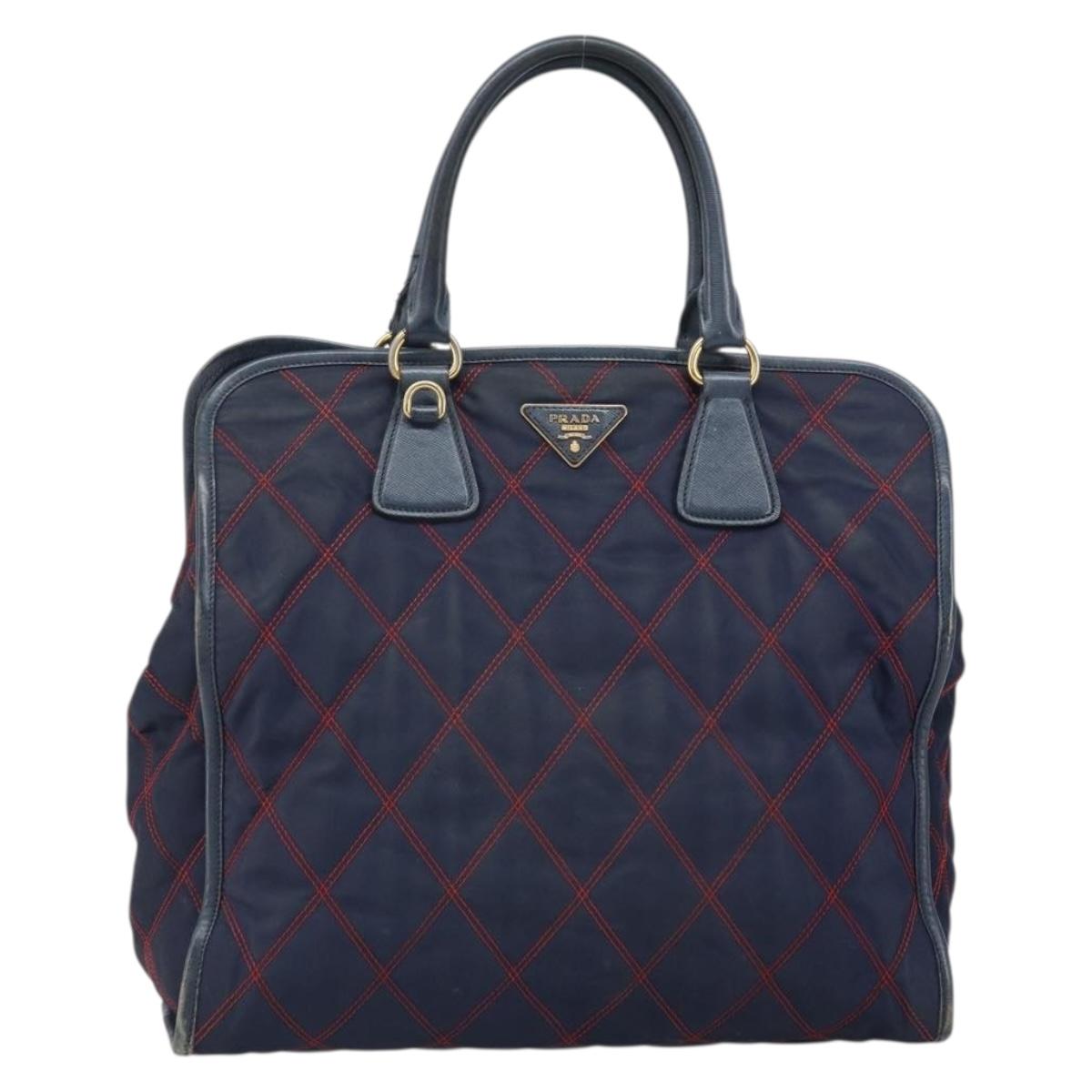 PRADA Hand Bag Nylon Navy Gold Auth 163420