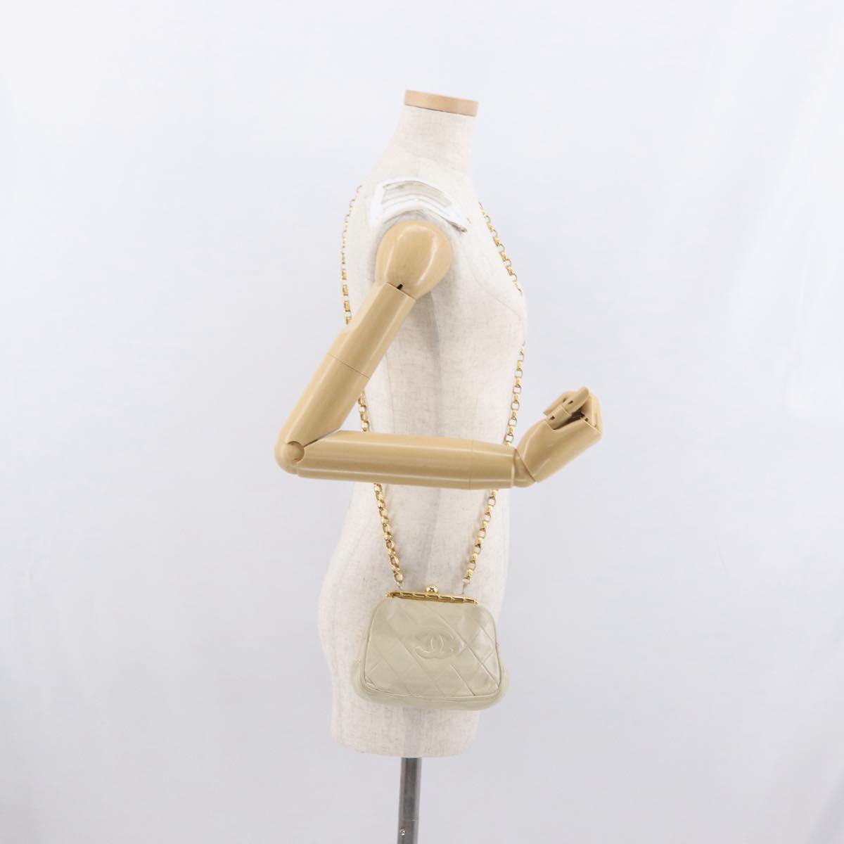 CHANEL Matelasse Chain Shoulder Bag Leather Ivory Gold CC Auth 163424