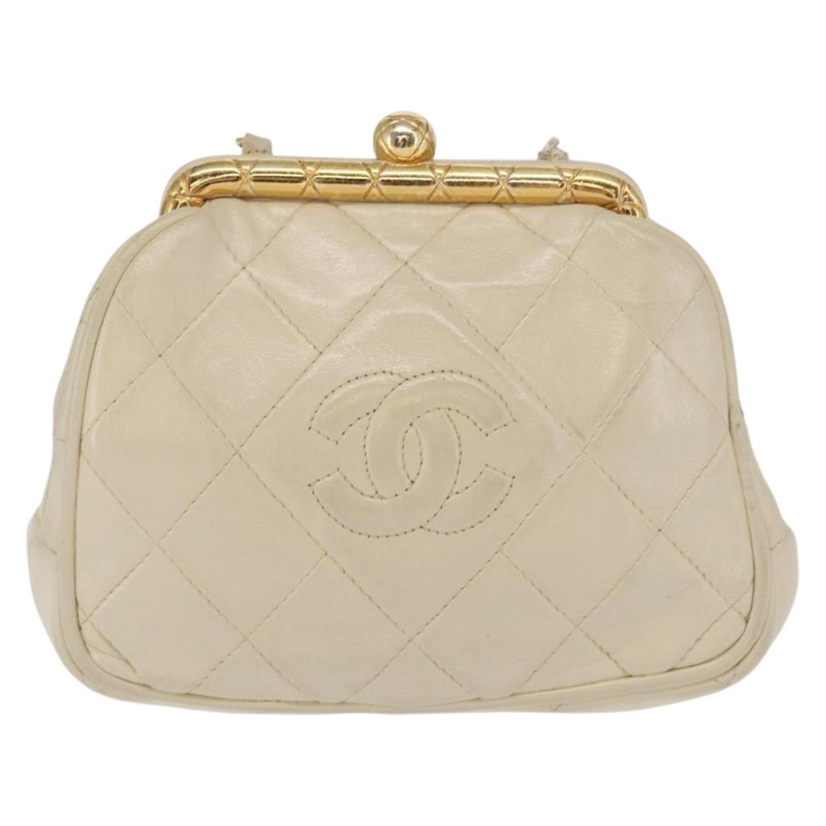CHANEL Matelasse Chain Shoulder Bag Leather Ivory Gold CC Auth 163424