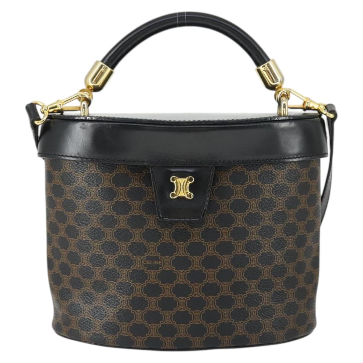 CELINE Macadam Canvas Hand Bag PVC Leather 2way Black Gold Auth 163425V