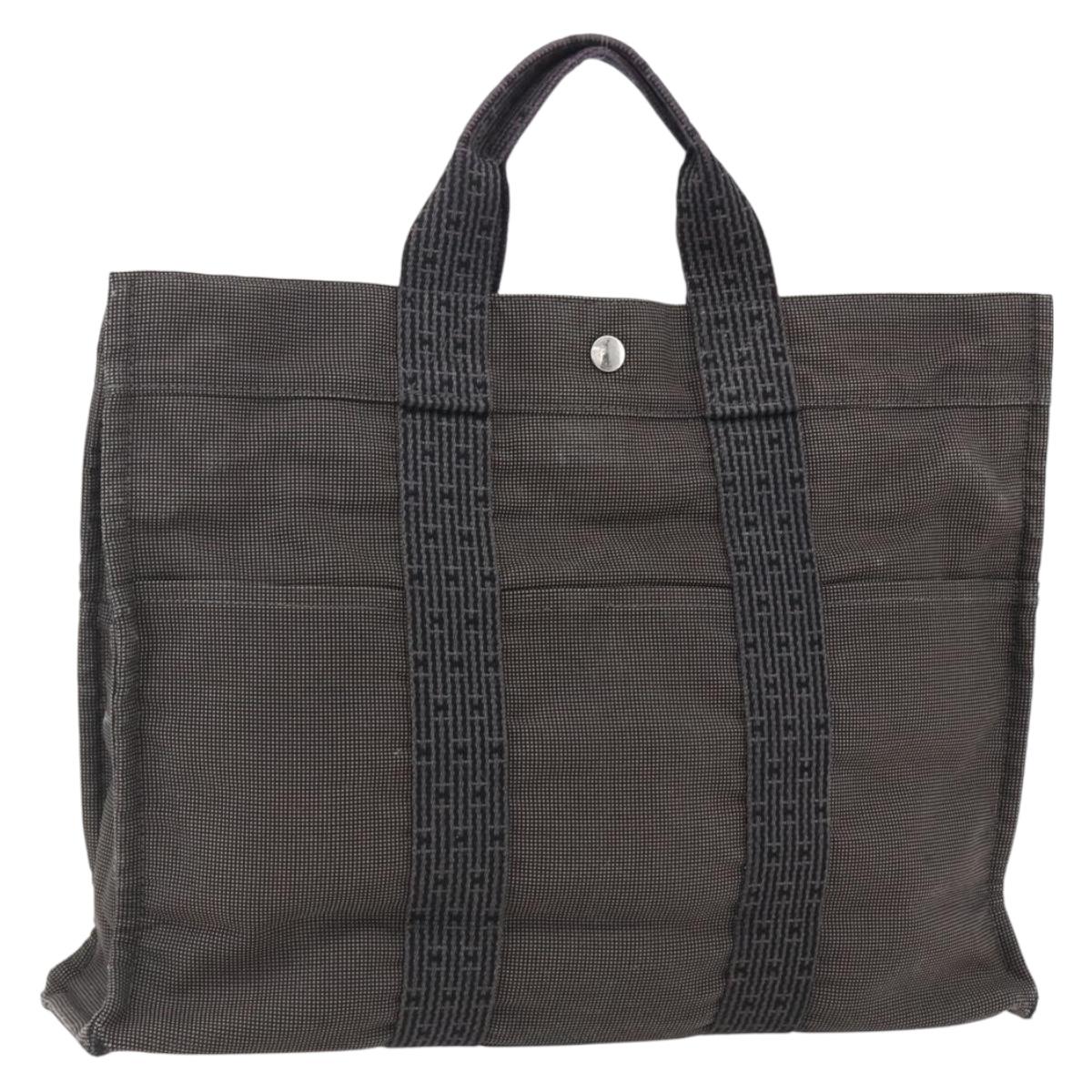 HERMES Her Line Tote MM Hand Bag Canvas Gray Auth 163451