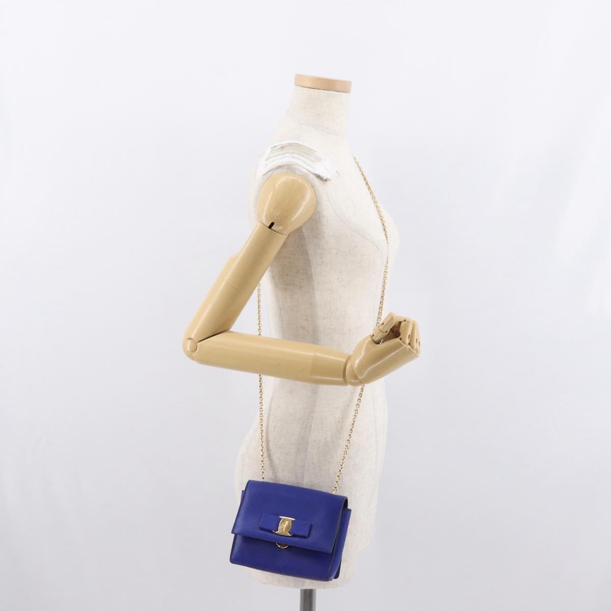 Salvatore Ferragamo Vala Chain Shoulder Bag Leather Blue Gold Auth 163452