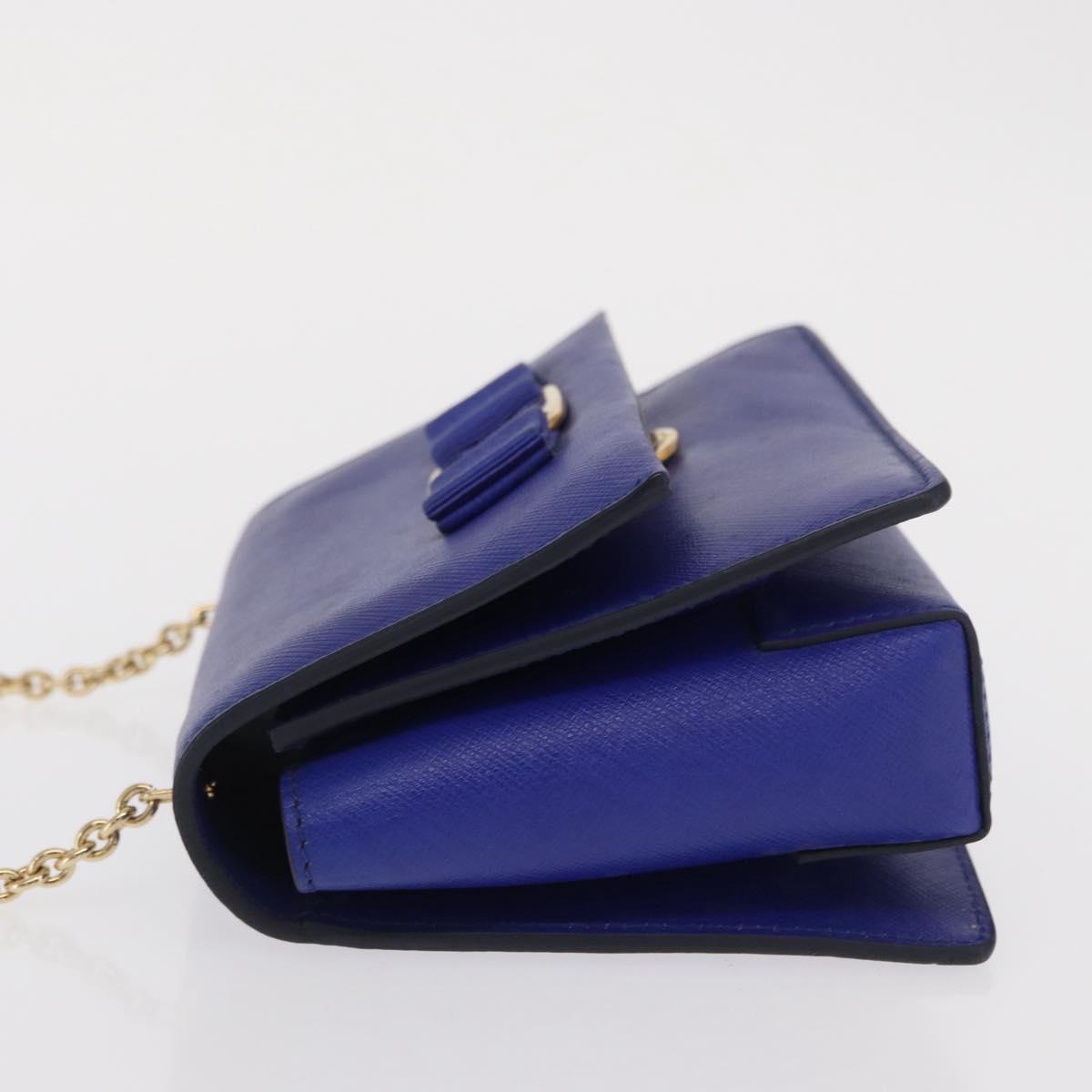 Salvatore Ferragamo Vala Chain Shoulder Bag Leather Blue Gold Auth 163452