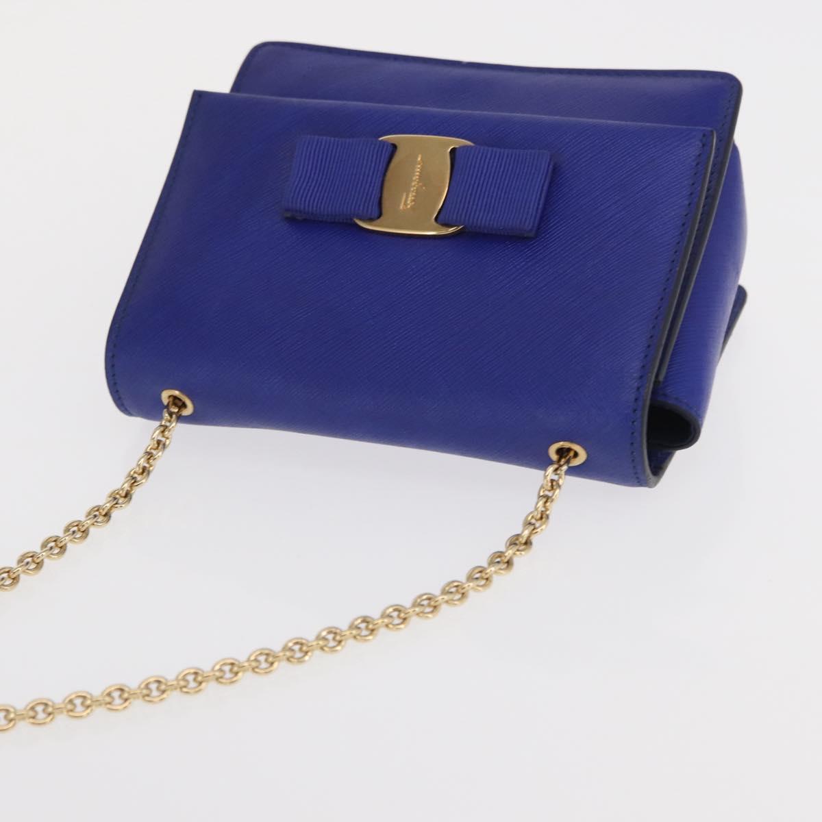 Salvatore Ferragamo Vala Chain Shoulder Bag Leather Blue Gold Auth 163452