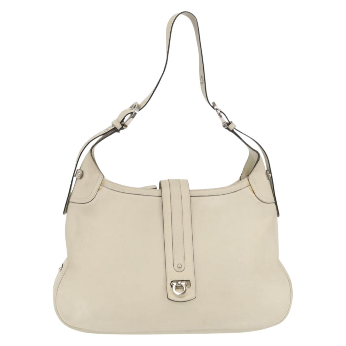 Salvatore Ferragamo Gancini Shoulder Bag Leather Ivory Silver Auth 163453