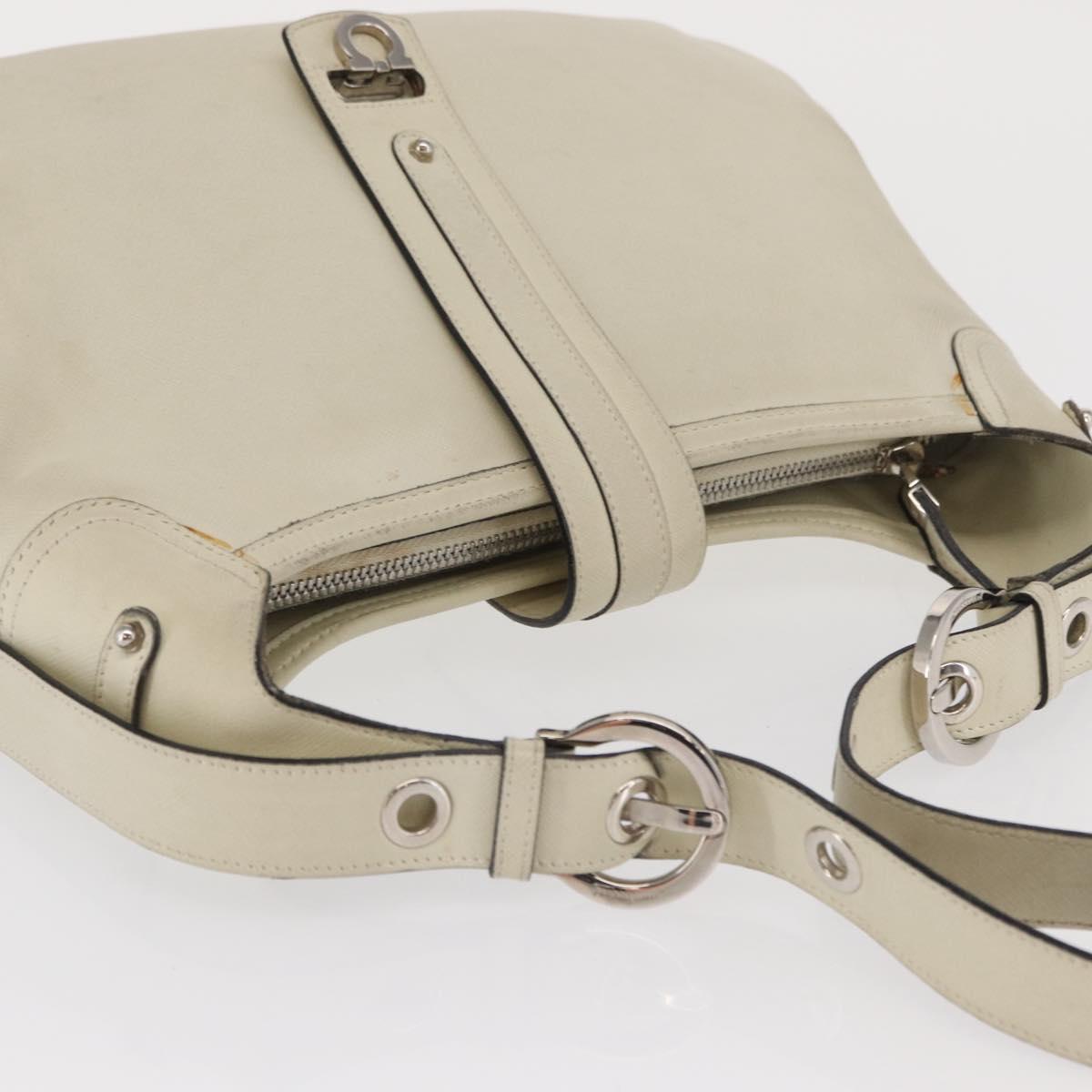Salvatore Ferragamo Gancini Shoulder Bag Leather Ivory Silver Auth 163453